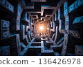 Abstract labyrinth constructed from paper money, shining light in end 136426978