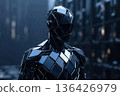 Geometric Robot Figure Stand in Dark, Futuristic Setting 136426979