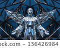 Futuristic Figure With Wings Made of Reflections, Set on Abstract Background 136426984