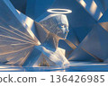 Abstract Angel Figure with Halo Against Geometric Background Art 136426985