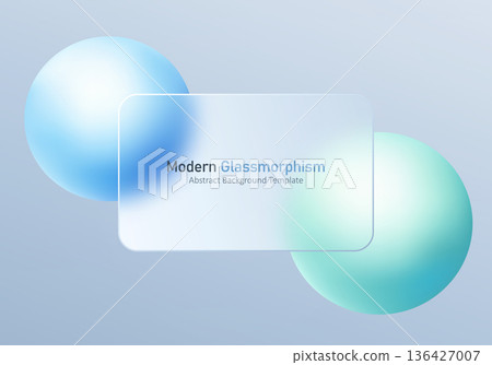 Light glass morphism banner with blue and teal spheres on soft gradient background 136427007