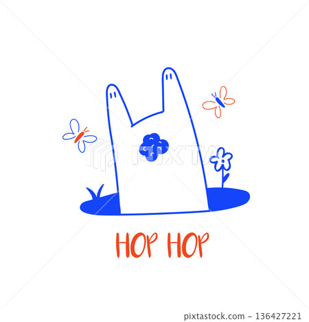 Cute Minimalist Line Art Bunny Popping Out of a Hole. 136427221