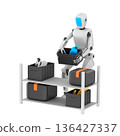 3D icon of a humanoid robot in a modern warehouse, placing a box of spare parts onto a shelf. Friendly industrial automation concept with clean details, smooth surfaces, and soft lighting. 136427337