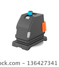 3D icon illustration of an autonomous industrial cleaning robot designed for heavy-duty facility maintenance. The sturdy robotic scrubber features a wide rotating brush for actively cleaning the floor 136427341