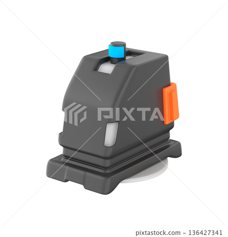 3D icon illustration of an autonomous industrial cleaning robot designed for heavy-duty facility maintenance. The sturdy robotic scrubber features a wide rotating brush for actively cleaning the floor 136427341