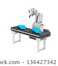 3D icon of an industrial conveyor belt with a robotic hand sorting mechanical parts. Components rest on the moving belt while the robot arm hovers above, ready to pick and place. 136427342
