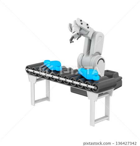 3D icon of an industrial conveyor belt with a robotic hand sorting mechanical parts. Components rest on the moving belt while the robot arm hovers above, ready to pick and place. 136427342
