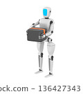 3D illustration of a humanoid robot holding a cardboard box, symbolizing automated logistics and smart warehouse work. The robot has smooth metallic surfaces, articulated joints 136427343