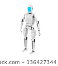 3D icon illustration of a humanoid robot standing upright with a modern, sleek design and a big screen on its face. The robot features smooth metallic surfaces and articulated joints. 136427344
