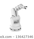 Illustration of a modern robotic arm used in industrial automation. The mechanical arm features multiple joints, a precise gripper, and smooth metallic surfaces 136427346