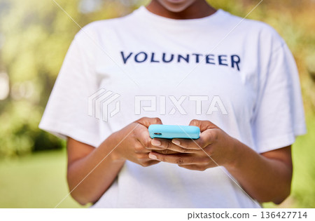 Person hands, phone typing and volunteering in park with social media FAQ, blog or community service chat. Volunteer on search mobile for earth day communication, NGO or nonprofit contact in nature 136427714