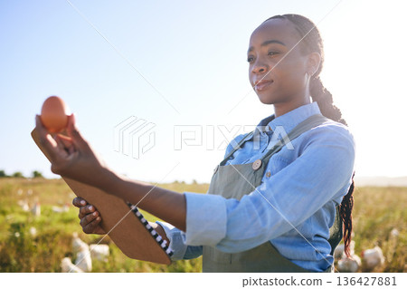 Clipboard, black woman and egg at farm for inspection, supply chain or quality control in countryside. Poultry farming, free range and farmer with chicken eggs check for organic, industry or trading 136427881