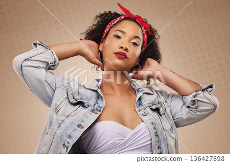 Fashion, punk and portrait of woman with hipster style isolated in a studio brown background feeling confident. Proud, cool and young creative person with funky clothing and beauty as a designer Fashion, punk and portrait of woman with hipster style isolated in a studio brown background feeling confident. Proud, cool and young creative person with funky clothing and beauty as a designer 136427898