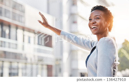 Taxi, business woman and smile in the city with wave for travel and urban transportation. Hailing cab, African professional and road with entrepreneur outdoor with a worker smile from traffic commute Taxi, business woman and smile in the city with wave for travel and urban transportation. Hailing cab, African professional and road with entrepreneur outdoor with a worker smile from traffic commute 136427910
