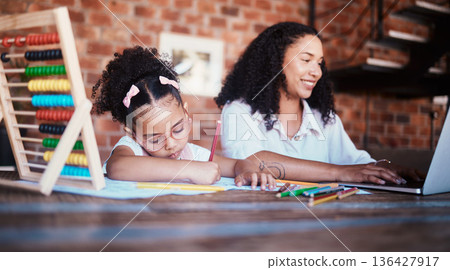 Homework, writing and child in home with mom, learning and ideas for project. Young girl, problem solving and mother working at a house with student education and drawing notes at table for school Homework, writing and child in home with mom, learning and ideas for project. Young girl, problem solving and mother working at a house with student education and drawing notes at table for school 136427917