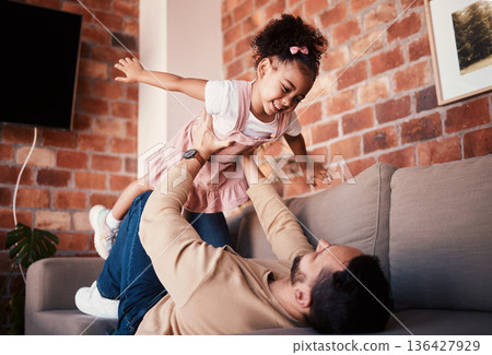 Couch, airplane and father playing child or daughter enjoy game as bonding for care together in a home or house. Fly, love and parent with kid in living room, happy and smile on weekend for happiness Couch, airplane and father playing child or daughter enjoy game as bonding for care together in a home or house. Fly, love and parent with kid in living room, happy and smile on weekend for happiness 136427929