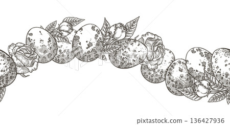 Easter seamless border with rose flower and spotted quail eggs in vintage sketch style. Hand drawn vector curved design. Graphic print ideal for line card template. Perfect for spring holiday season. Easter seamless border with rose flower and spotted quail eggs in vintage sketch style. Hand drawn vector curved design. Graphic print ideal for line card template. Perfect for spring holiday season. 136427936