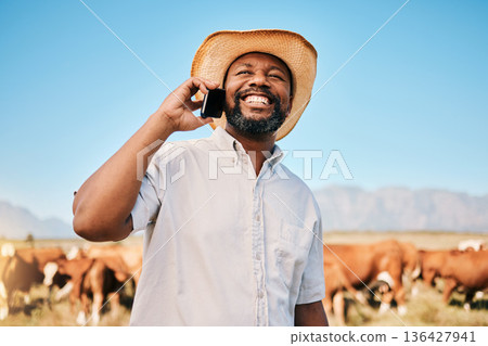 Happy black man, phone call and animals for communication, farming or networking in the countryside. African male person smile and talking on mobile smartphone for conversation or discussion on farm 136427941