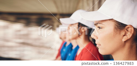 Watching, team together and women for baseball, sports and sitting for a game or contest. Serious, collaboration and a group of athlete people waiting for a match to start or looking at training 136427983