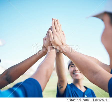Sports hands, high five celebration and baseball team building for motivation, match winner or competition support. Player achievement, success and group of people congratulations, goals and teamwork 136428012