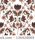 Seamless floral vector pattern with floral composition in beige colors. Symmetrical pattern in the style of William Morris. 136428069