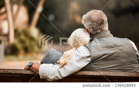 Park bench, back and relax couple bonding, care and cuddle together, connect and hug on outdoor forest break. Natural wellness, honeymoon and marriage people support, care and on romantic woods date 136428093