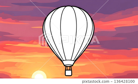 Classic Hot Air Balloon Vector Icon with Vibrant Sunset Sky Background 136428100