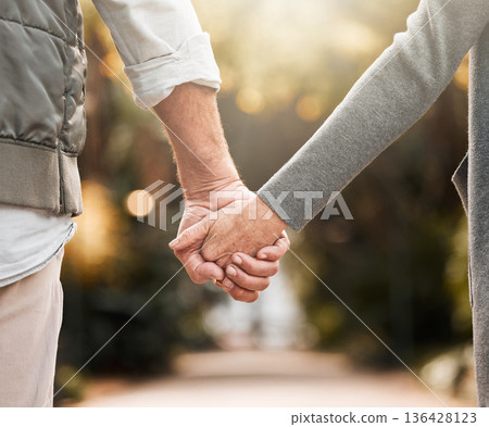Love, park and relax couple holding hands, bonding and enjoy quality time together, freedom and nature wellness. Support, marriage and closeup people on romantic date, outdoor walk or Valentines Day 136428123