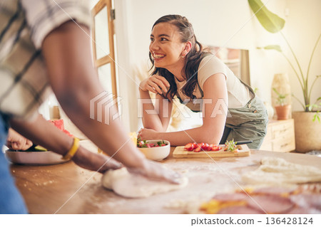 Food, friends and cooking in kitchen happy, fun and bond on the weekend in house. Brunch, meal and group of people together with flour for pizza, pasta or handmade, dinner and conversation at home Food, friends and cooking in kitchen happy, fun and bond on the weekend in house. Brunch, meal and group of people together with flour for pizza, pasta or handmade, dinner and conversation at home 136428124