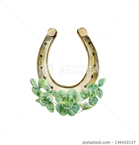 Upright horseshoe,rare four-leaf clover Irish symbols of luck and happiness.Watercolor illustration for St. Patricks Day designs,greeting cards,cultural gifts,national souvenirs Upright horseshoe,rare four-leaf clover Irish symbols of luck and happiness.Watercolor illustration for St. Patricks Day designs,greeting cards,cultural gifts,national souvenirs 136428137