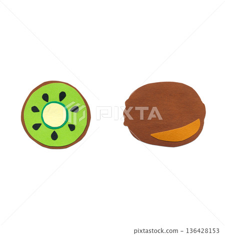Kiwi fruit, whole and cross-section, collage style, colored paper illustration, material, parts Kiwi fruit, whole and cross-section, collage style, colored paper illustration, material, parts 136428153
