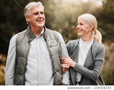 Relax, love and peace with old couple in nature for bonding, happy and support. Smile, happiness and retirement with senior man and woman walking in countryside park for vacation and commitment 136428193