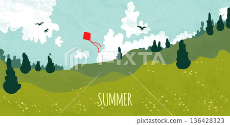 Green grass hills, spring meadow, flying red kite Green grass hills, spring meadow, flying red kite 136428323
