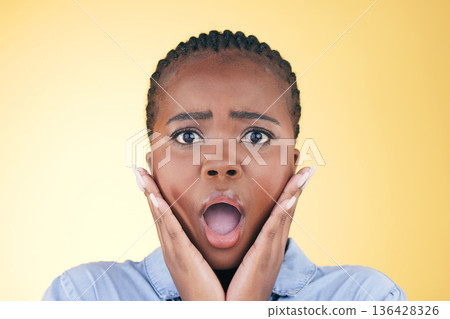 Black woman, face and alarm, shock and emoji with facial expression, drama and surprise isolated on yellow background. Wow, fear and portrait, reaction to announcement or news with anxiety in studio Black woman, face and alarm, shock and emoji with facial expression, drama and surprise isolated on yellow background. Wow, fear and portrait, reaction to announcement or news with anxiety in studio 136428326