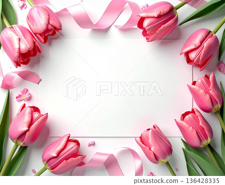 陽光下，鬱金香和絲帶交相輝映。春日祝賀背景素材。 136428335