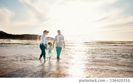 Beach, sunset and family holding hands together on vacation, adventure or holiday together. Travel, having fun and girl child bonding with mother and father on the sand by the ocean on weekend trip. Beach, sunset and family holding hands together on vacation, adventure or holiday together. Travel, having fun and girl child bonding with mother and father on the sand by the ocean on weekend trip. 136428358