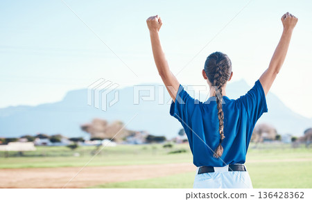 Woman, fist pump and winning, softball and athlete on outdoor pitch, celebration and success with sports. Back view, baseball player and yes, fitness and achievement, cheers and competition winner Woman, fist pump and winning, softball and athlete on outdoor pitch, celebration and success with sports. Back view, baseball player and yes, fitness and achievement, cheers and competition winner 136428362