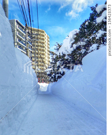 Snowy mountains on the sidewalks of Sapporo 136428373
