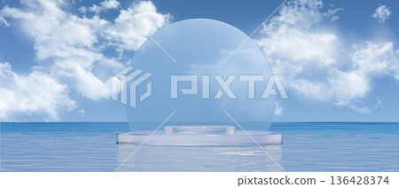 Blue water podium with glass platform on sky bg 136428374