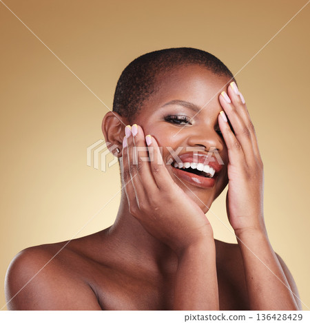 Black woman, hands and face, happy and beauty with natural cosmetics and manicure isolated on studio background. African model, nail care and smile, makeup and dermatology with skincare and glow 136428429