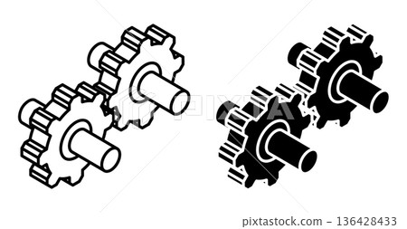 Linear isometric icon. Two interlocked gears with axles and shafts, mechanical engineering cogwheels. Simple vector isolated on white background Linear isometric icon. Two interlocked gears with axles and shafts, mechanical engineering cogwheels. Simple vector isolated on white background 136428433
