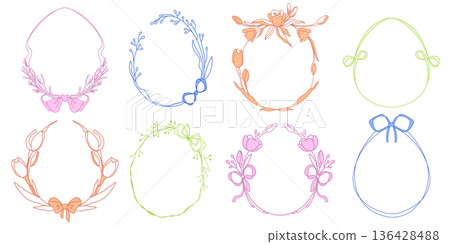 Whimsical Easter egg frame, flower pattern, ribbon 136428488