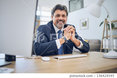 Happy, smile and portrait of a businessman in the office with confidence, professional and attorney career. Pride, legal and mature male corporate lawyer working by his desk in his modern workplace. 136428545