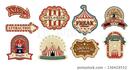 Vintage circus sign or emblems cartoon vector Vintage circus sign or emblems cartoon vector 136428552