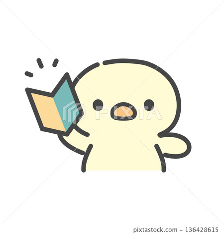 Hand-drawn illustration of a chick holding a beginner's mark Hand-drawn illustration of a chick holding a beginner's mark 136428615