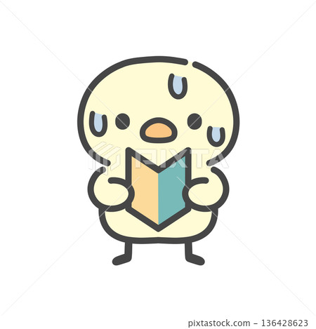 A hand-drawn illustration of a sweating chick holding a beginner's mark. A beginner's image expressing impatience, confusion, and anxiety. A hand-drawn illustration of a sweating chick holding a beginner's mark. A beginner's image expressing impatience, confusion, and anxiety. 136428623