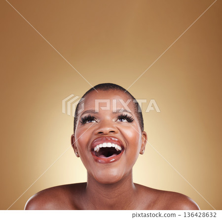 Skincare, surprise face and a woman in studio for makeup, glow and wow cosmetics. Headshot of african person or model with facial shine, dermatology and wellness on a beige background or mockup space Skincare, surprise face and a woman in studio for makeup, glow and wow cosmetics. Headshot of african person or model with facial shine, dermatology and wellness on a beige background or mockup space 136428632