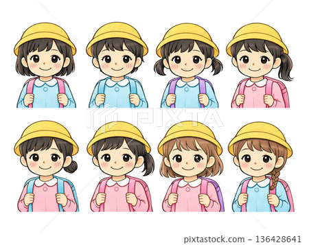 Illustration of an elementary school girl with various facial expressions 136428641