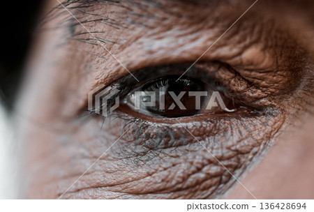 Eye, vision and wrinkles with a senior person closeup for sad emotion, pain or grief on an expressive face. Healthcare, depression or loss with an elderly adult looking nostalgic during retirement 136428694