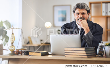 Justice, man and portrait in office with laptop for working in law firm, court research or search online for legal policy or rules. Judge, attorney or mature businessman in communication on computer Justice, man and portrait in office with laptop for working in law firm, court research or search online for legal policy or rules. Judge, attorney or mature businessman in communication on computer 136428696